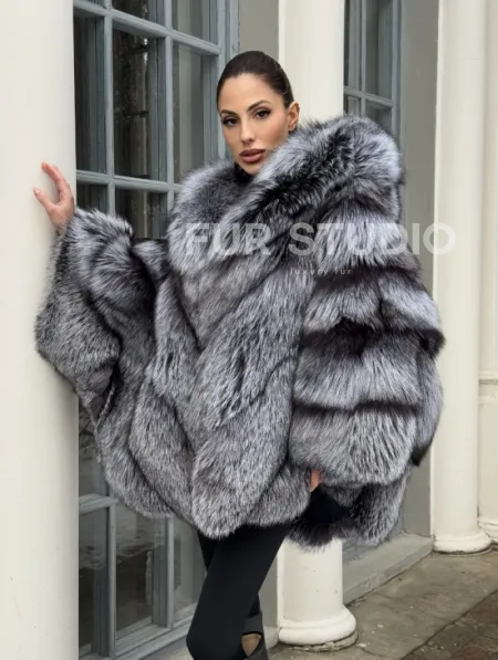 Шуба - пончо из чернобурки с капюшоном - фото 7