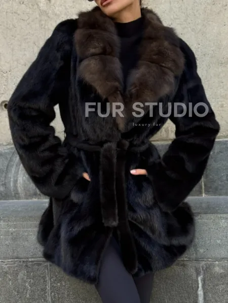 Норковая шуба махагон с куницей - фото 2