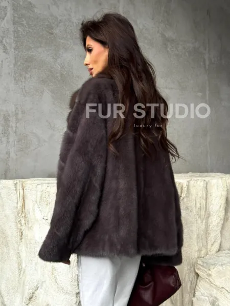 Норковый полушубок с воротником куница - фото 3