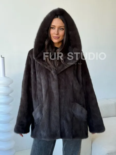 Норковый полушубок с капюшоном - фото 4