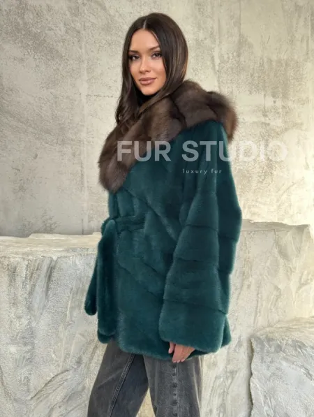 Шуба норка кимоно - капюшон куница - фото 0