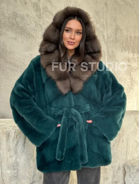 Шуба норка кимоно - капюшон куница - фото 5