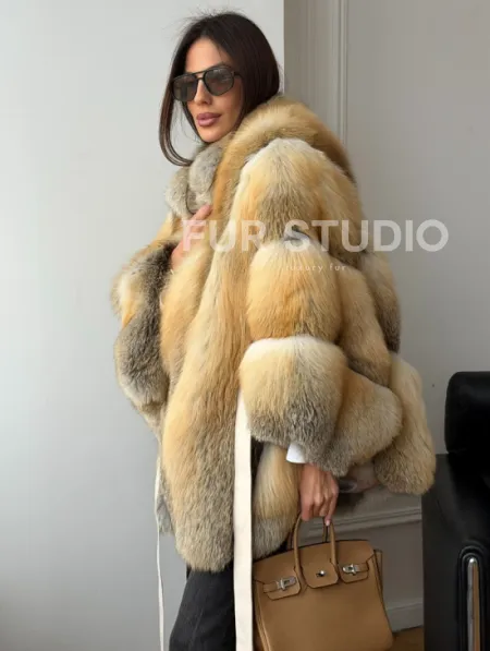 Шуба - пончо из лисы с поясом - фото 10