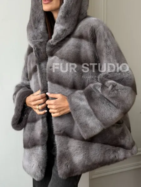 Норковый полушубок с капюшоном - цвет Platinum - фото 4