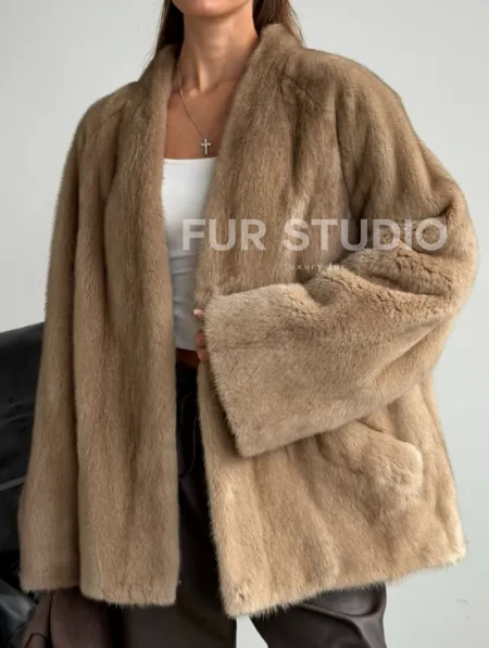 Норковый полушубок V-образный воротник - фото 3