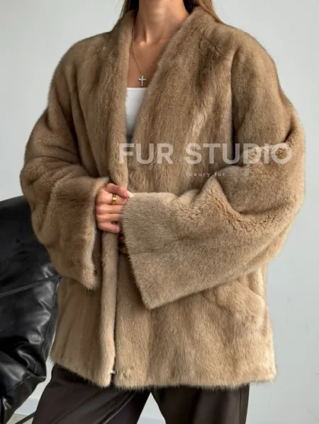 Норковый полушубок V-образный воротник - фото 2