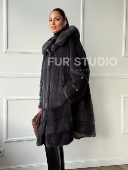Норковая шуба с капюшоном - графит - фото 10