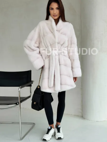 Белая шуба-кимоно, мех норка - фото 5