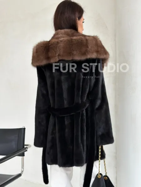 Черная шуба в роспуск с капюшоном соболь - фото 8