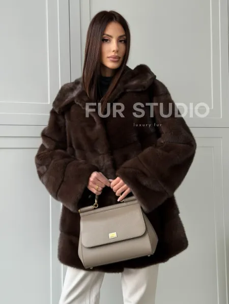 Норковая шуба в стиле «рубашка» с капюшоном - фото 0