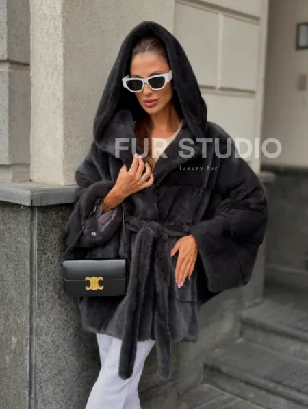 Норковая шуба с капюшоном цвет графит - фото 0
