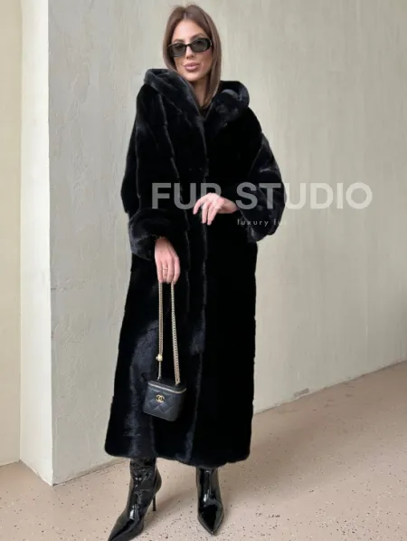 Шуба из аукционной норки VELVET, паркет с капюшоном - фото 0