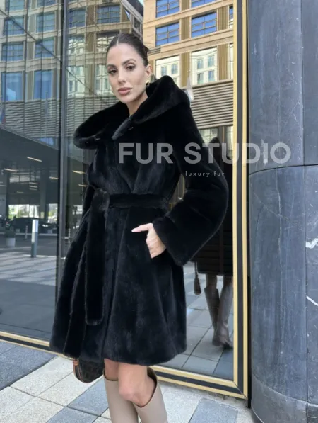 Шуба норковая с капюшоном, мех BLACKGLAMA - фото 5