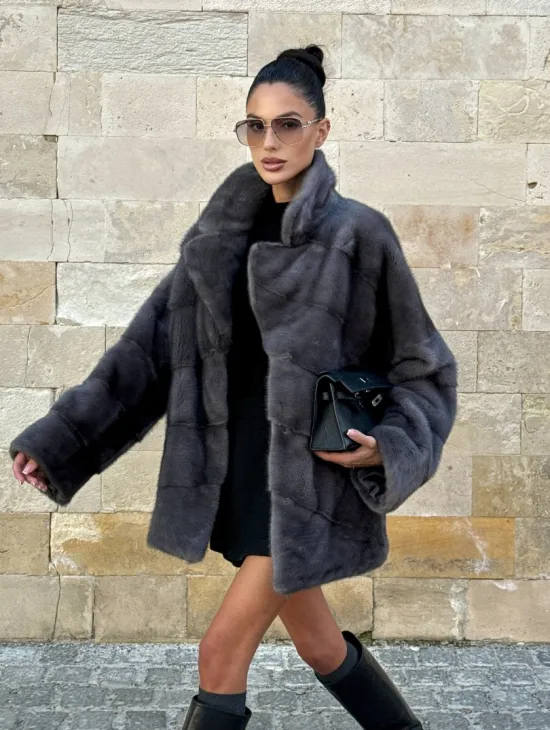 Короткая норковая шуба с английским воротником - цвет графит - фото 11