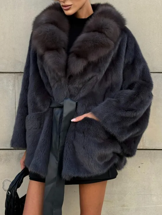 Летучая мышь из меха норки с воротником из куницы - цвет темный графит - фото 2