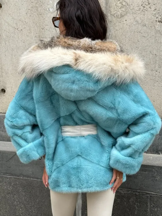 Шуба автоледи из норки с капюшоном из меха рыси - цвет Tiffany - фото 4