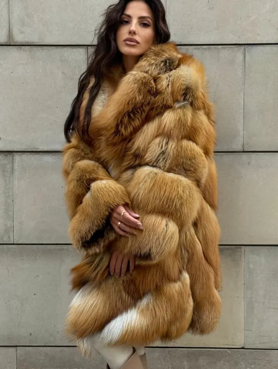 Vintage шуба диагональ из меха лисы Gold Fox, английский воротник - фото 5