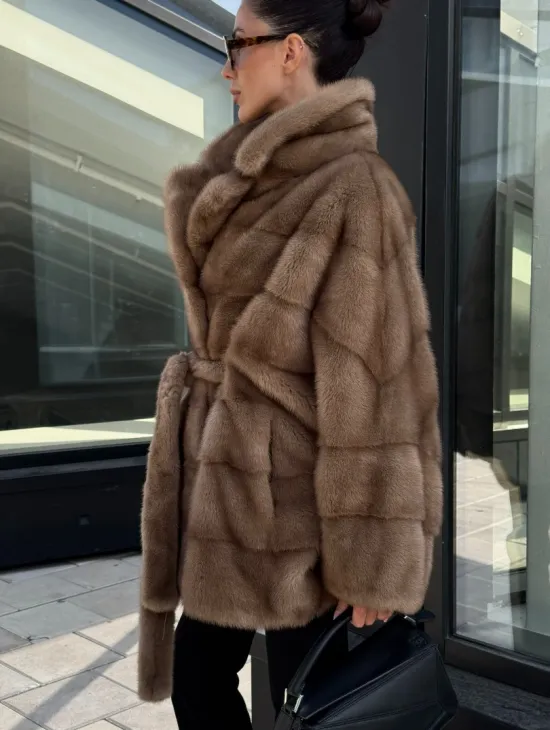 Шуба норковая летучая мышь английский воротник, оверсайз - цвет темный пастель - фото 2