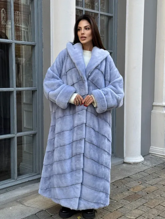 Шуба кимоно LUXURY FASHION из меха голубой норки с капюшоном - фото 8