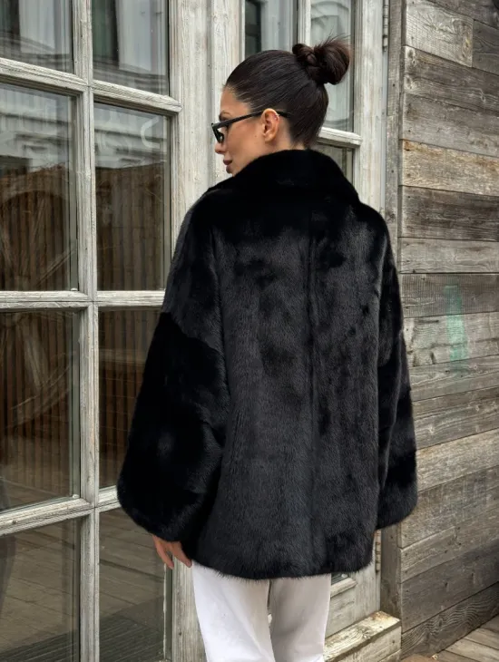 Женский норковый полушубок оверсайз в цвете Black, английский воротник - фото 5