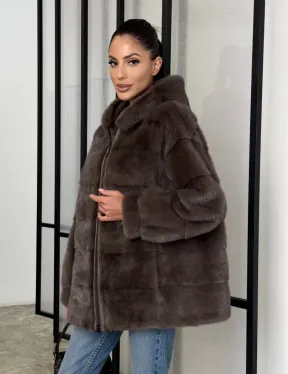 Норковый полушубок с капюшоном на молнии - фото 7