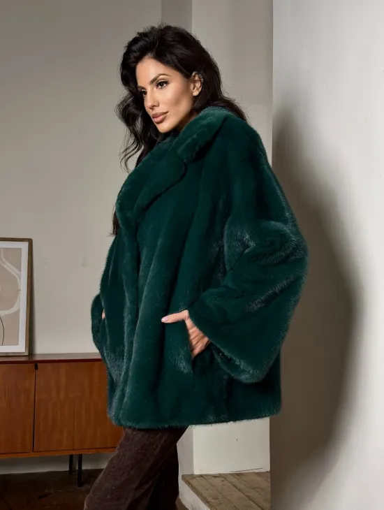 Изумрудная укороченная норковая шуба с английским воротником - фото 4