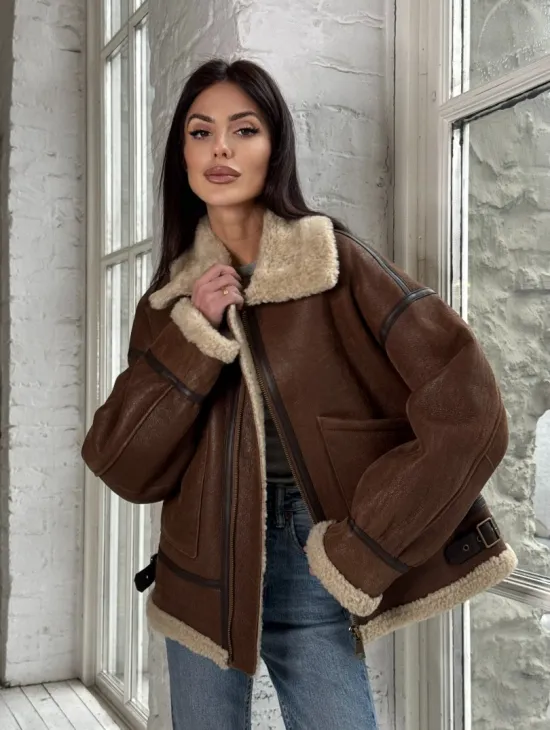 Женская короткая дубленка Brown vintage из натуральной овчины кёрли - фото 10