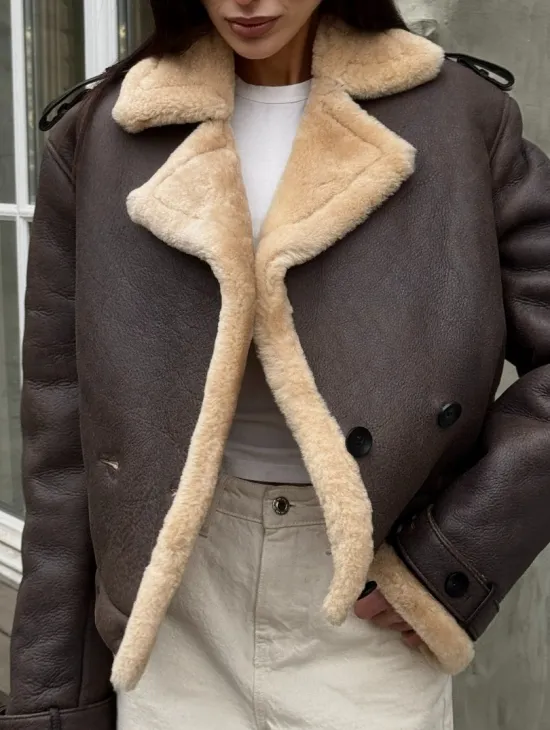 Кроп - дубленка двубортная Dark brown на пуговицах - фото 1