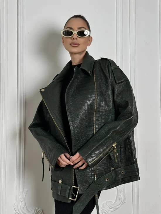 Куртка - косуха из натуральной кожи «CROCO» Dark green - фото 7