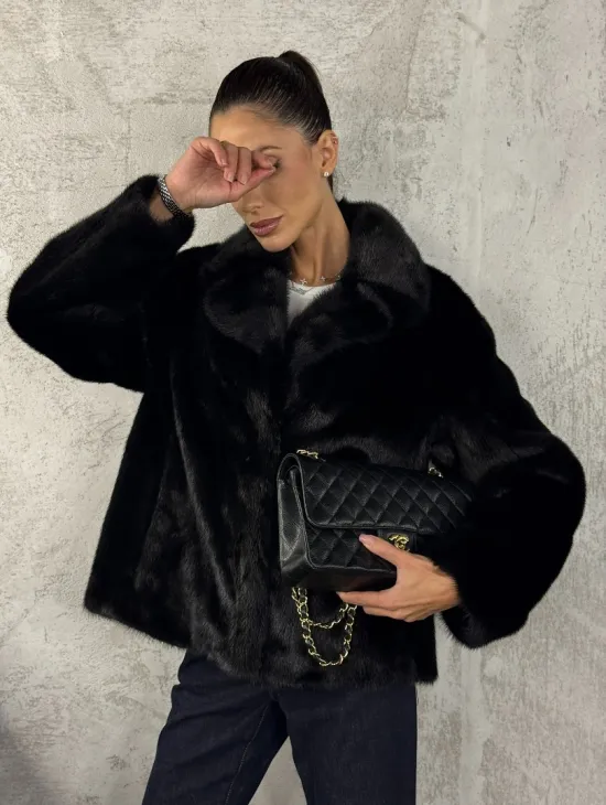 Черный норковый кроп - жакет с английским воротником - фото 9
