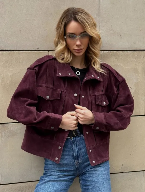 Винтажная женская повседневная куртка из натуральной замши Burgundy - фото 7