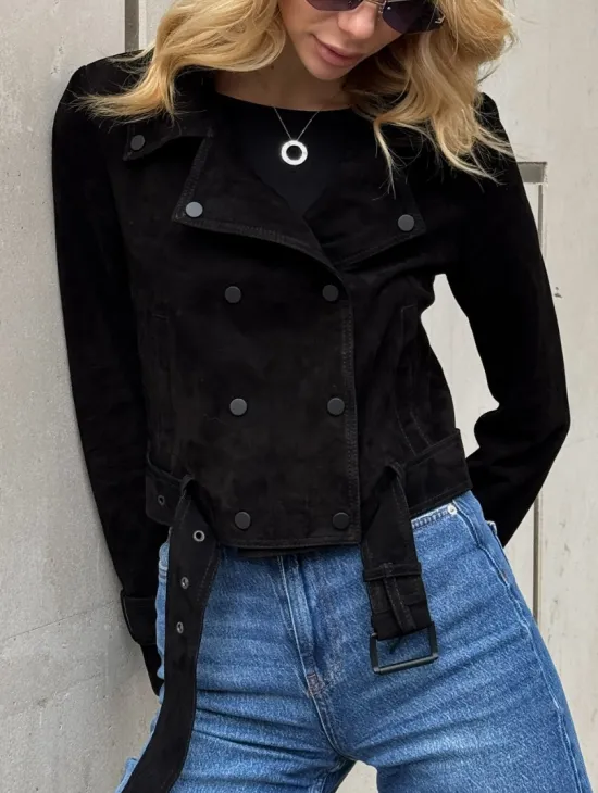 Черная короткая курточка из натуральной замши - фото 2