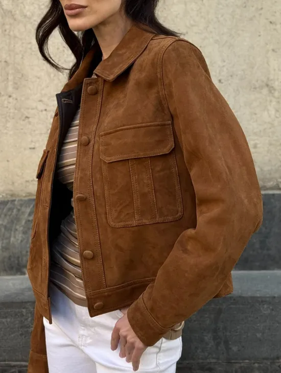 Прямой жакет из натуральной замши с накладными карманами - фото 1