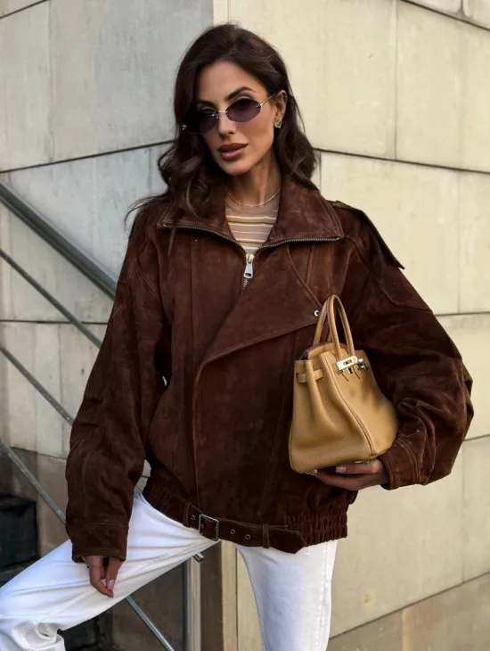 Винтажная куртка - бомбер из замши в коричневом цвете - фото 8