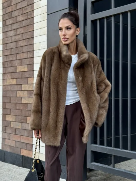 Шуба норковая пастель - стойка воротник - фото 5