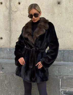 Норковая шуба махагон с куницей - фото 8