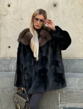 Черный норковый полушубок с капюшоном куница - фото 12