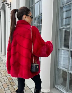 Полушубок норковый в гранатовом оттенке - фото 4