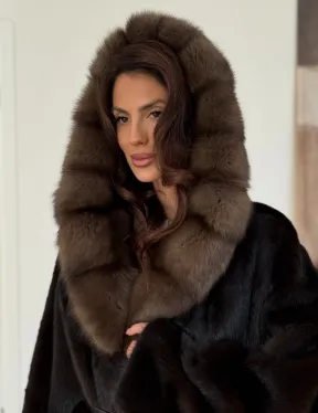 Коричневая норковая шуба с накладными карманами - фото 1