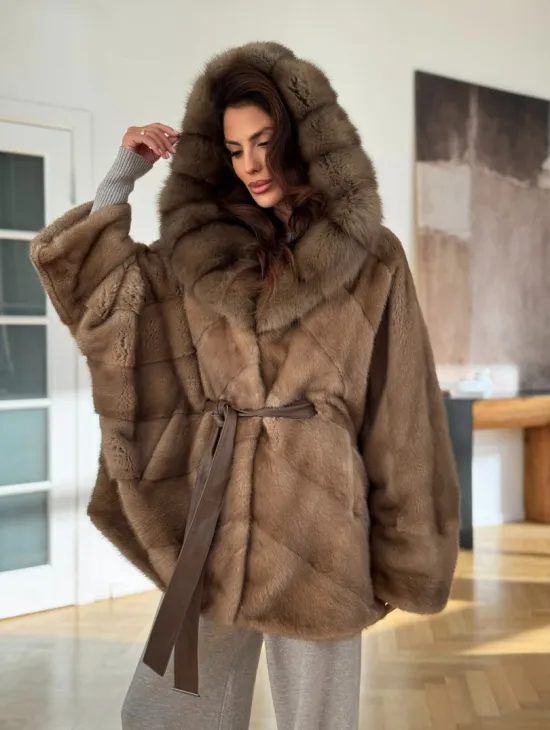 Шуба норковая бежевая с капюшоном - фото 7
