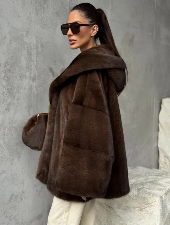 Норковый полушубок с капюшоном - цвет коричневый - фото 6
