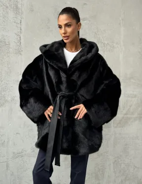 Полушубок черный норковый с капюшоном - фото 8