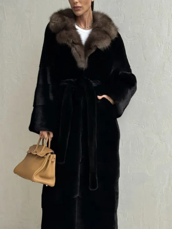 Черная норковая шуба - воротник куница - фото 2
