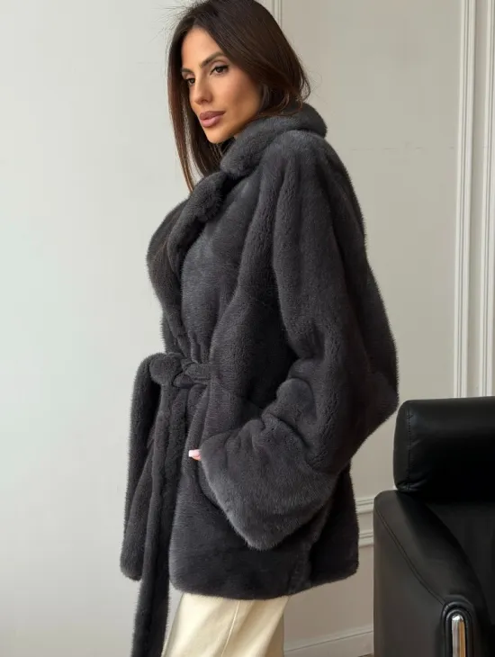 Шуба норковая летучая мышь - графит - фото 5