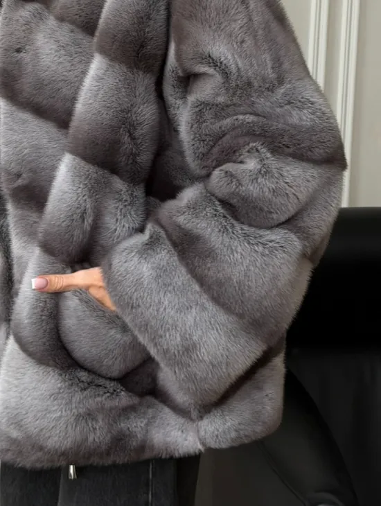 Норковый полушубок с капюшоном - цвет Platinum - фото 2