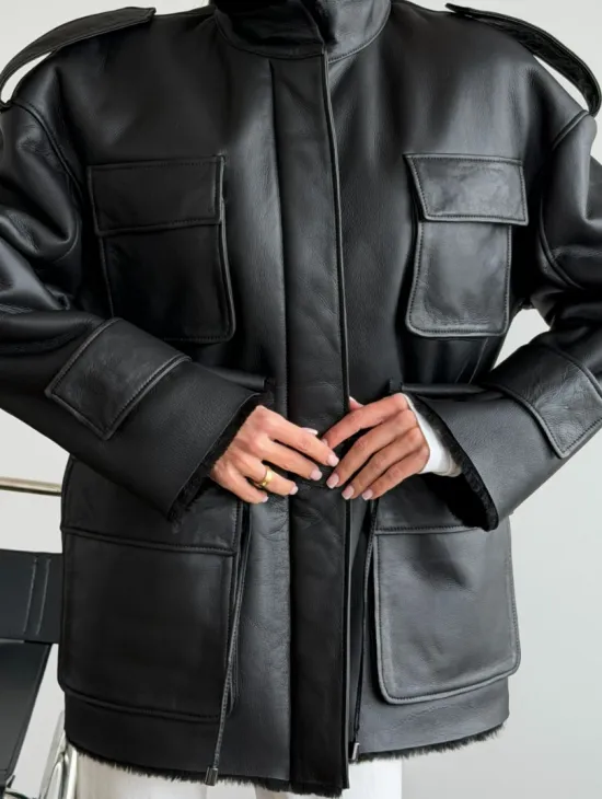 Черная куртка - дубленка из испанского мериноса - фото 2