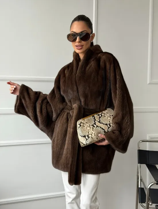 Норковый полушубок с меховым поясом - Летучая мышь - фото 11