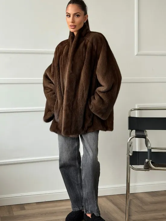 Норка жакет орех V-образный ворот - фото 5