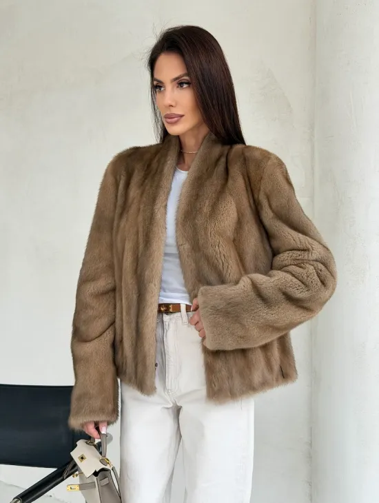 Укороченная шуба из натурального меха норки - пастель - фото 5