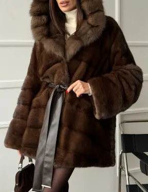 Шуба норка - кимоно с капюшоном - фото 1